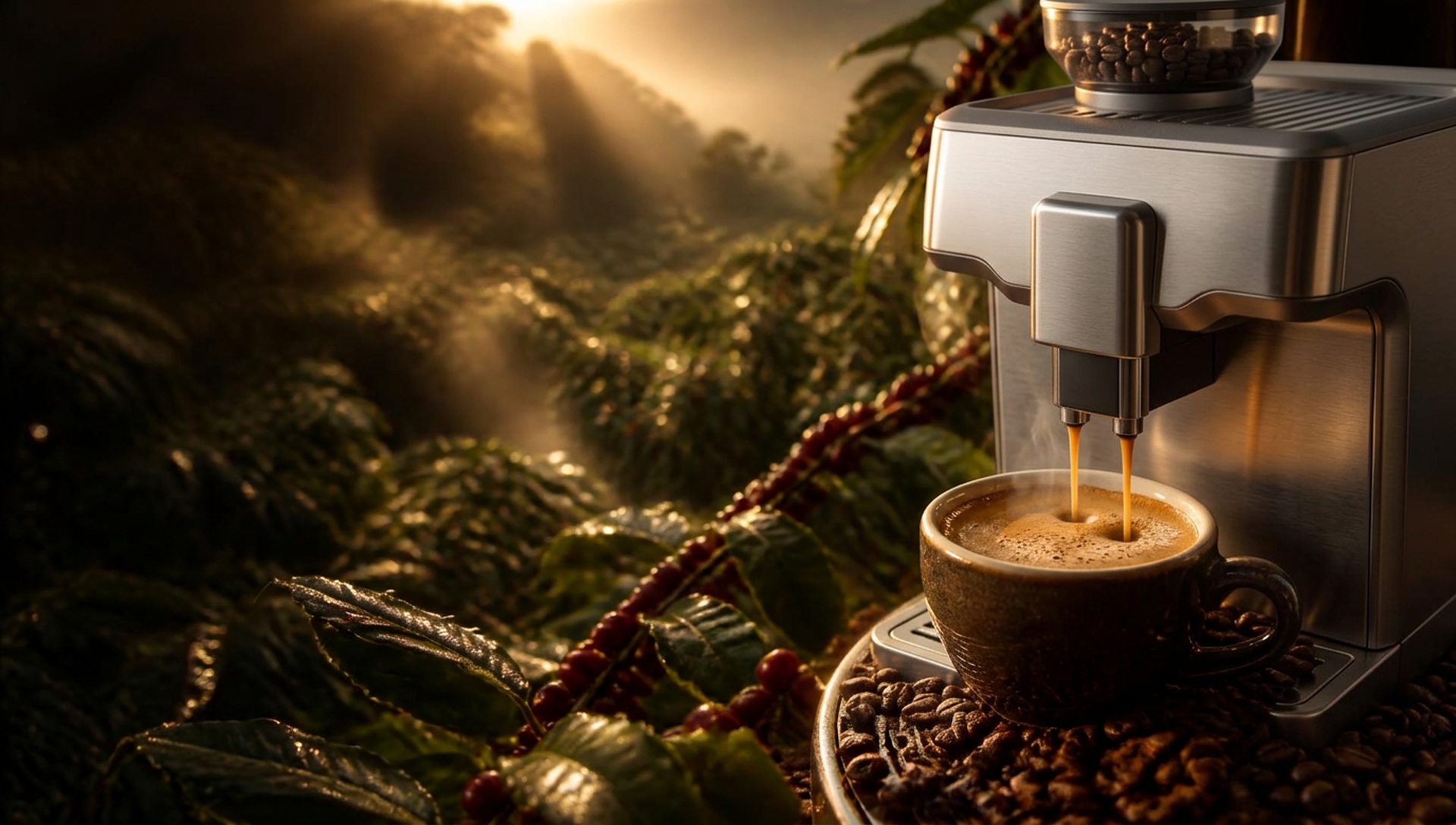 Warme koffieplantage met koffiebonen, verse koffie en een professionele volautomatische koffiemachine
